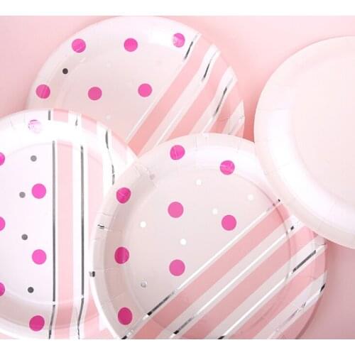 Pink Dot Stripe Disposable tableware paper plate cup straw wedding baby shower kids birthday party decoration supplies