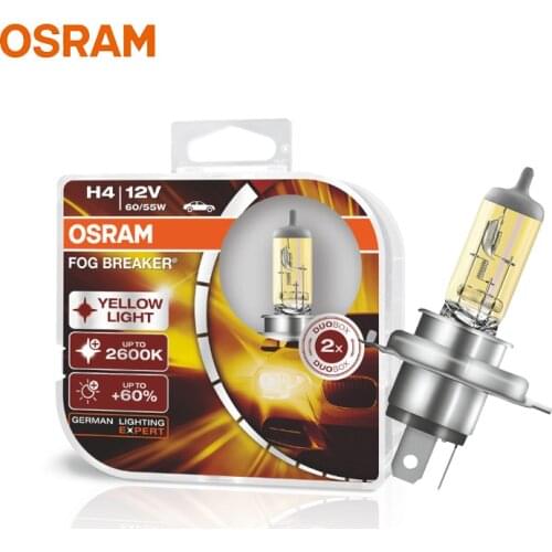 OSRAM H4 9003 HB2 Yellow 62193FBR Halogen Fog Breaker 12V 60/55W Car Original Headlight 2600K Light +60% Brighter Lamps, Pair