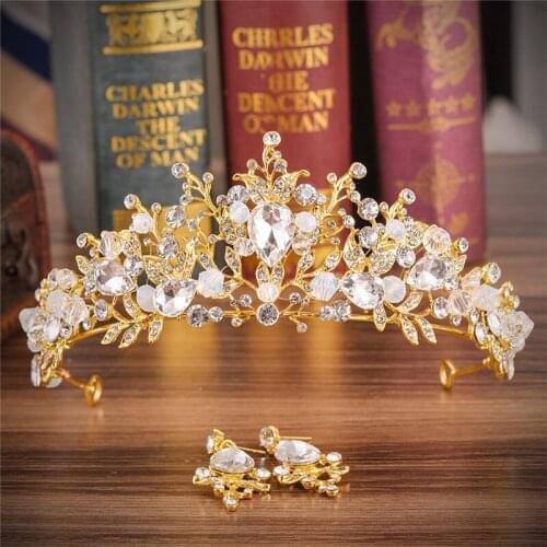 Bridal Wedding Hair Jewelry Princess Headband Gold Crystal Handmade Tiaras and Crowns Prom Crown Earrings Sets Ornaments