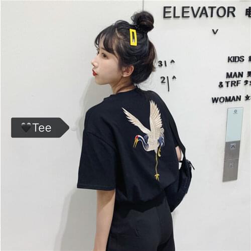 Womens Embroidered Short-Sleeved T-shirt Loose Sleeves Shirt Top