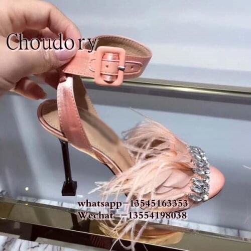 Crystal Sandals Female Feather Decor Gladiator Sandals Women Pumps High Heels Open Toe Ladies Stiletto Dress Shoes Woman