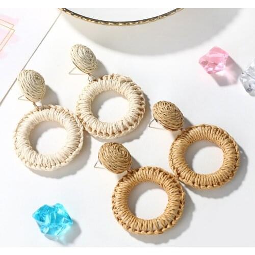 Minar 2021 Summer Raffia Double Circle Drop Earrings for Women Handmade Rattan Straw Geometric Dangle Earrings Beach Jewelry
