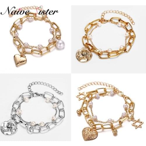2019 Vintage Heart Charm Bracelet Girls Women Love Christmas Gift Ling Chain Pearl Jewelry Gold Color Friends Brincos Fashion