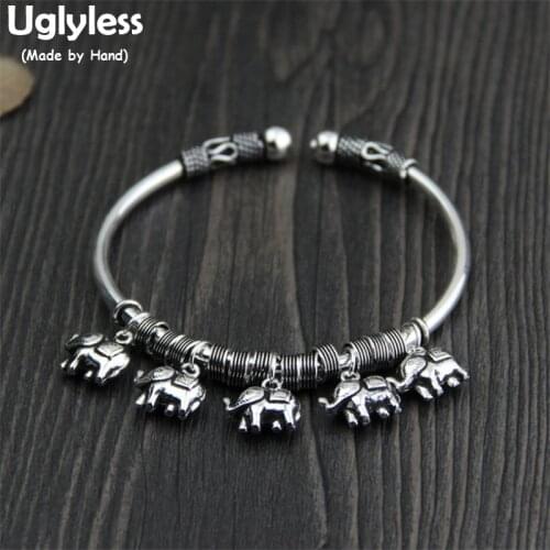 Uglyless Real 925 Sterling Thai Silver Elephants Charm Bangles for Women Vintage Ethnic Tassel Open Bangle Handmade Fine Jewelry