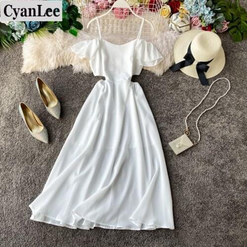 Cyanlee 2020 Summer Party Holiday Dress Women A-line Ruffles Vestidos High Waist Hollow Out Slash Neck Dresses Sexy Robe Femme