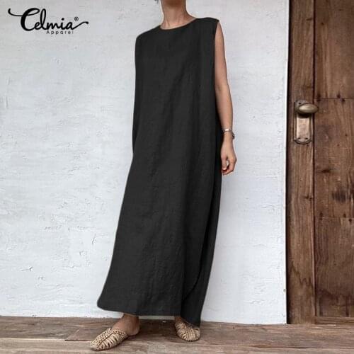 Women Vintage Maxi Dress 2021 Celmia Summer Sleeveless Sexy Long Sundress Casual Loose Solid Bohemian Party Vestidos Oversized