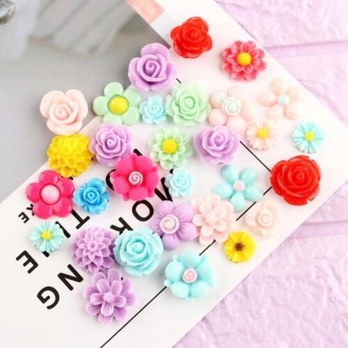50pcs 10-22mm Mixed Resin Rose Daisy Sunflower Flowers Cabochons Flatbacks Embellishments DIY Phone Decorations Crafts