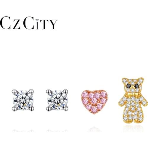 CZCITY 925 Sterling Silver Cute Stud Earrings for Women CZ Stone Lovely Square Heart Bear Jewelry for Girlfriend Gifts SE-477