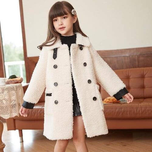New Spring Winter Girl Coat Buttons Long Mid-Length Jackets Warm Fur Thicken Clothing Kids Teenage Lapel Tops Lamb Wool