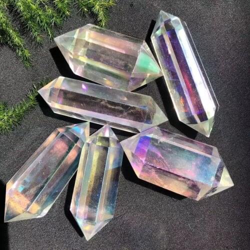 Natural White Clear Crystal Double Point Crystal Tower With Electroplated Halo Very beautiful Home Decoration