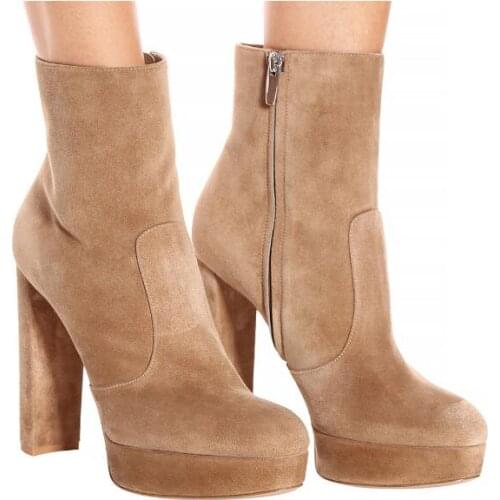 Fashion woman brown leather chunky high heel platform ankle boot large size custom make 45 platform chunky high heel ankle boots