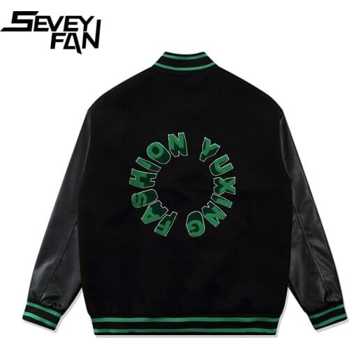 SEVEYFAN Mens Fashion Towel Letters Embroidery Jackets PU Leather Patchwork Baseball Coat Hip Hop Coat