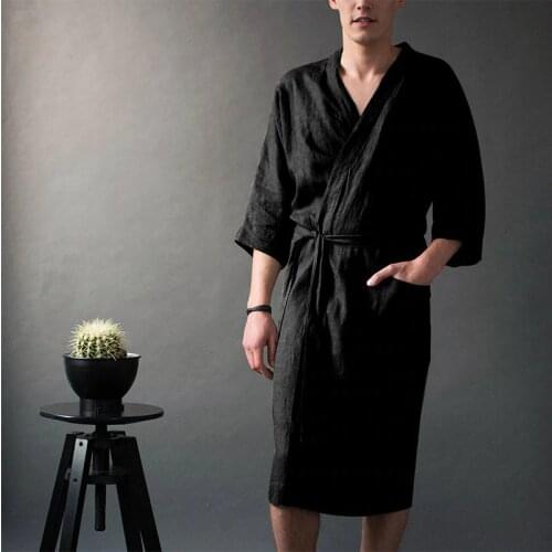 Mens Cotton Linen Bathrobe Long Style Pajamas Soft Comfortable Robe Sleepwear Autumn Casual Charming Gown Loungewear Plus Size