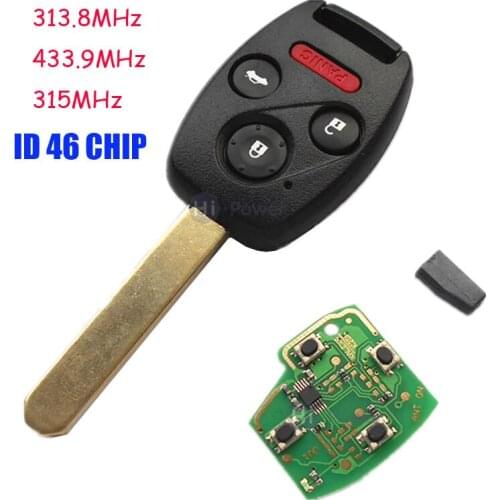 New 313.8/315/433MHz ID46 chip 3BTN +1 Car Remote Key Shell For Honda Civic EX Si 2006 2007 2008 2009 2010 2011 For Honda