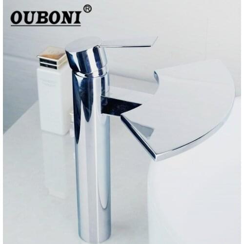 OUBONI Chrome Polish Bathroom Mixer Faucets Tap Solid Brass Waterfall Spout Basin Taps Bathroom Faucet Hot Cold Mixer