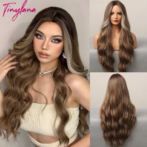 TINY LANA Long Brown Blonde Gray Body Wavy Wigs Middle Part Natural Synthetic Wigs For Women Cosplay Daily Use Heat Resistant