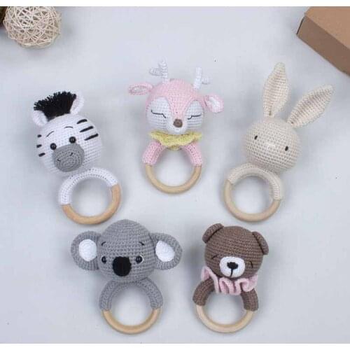 Boy Girl Newborn Baby Handmade Rattle Crochet Organic Knitting Babies Teether With Sound Gift Wood Cotton Kraft Gift Boxed Model