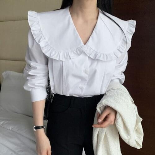 Peter Pan Collar Folds Cotton Button White Woman Shirt Long Sleeve Vintage Elegant Blouses Spring Summer 2021 Fashion Clothing