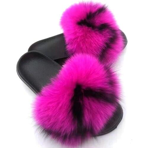 Colorful Fluffy Fox Fur Real Slides Furry Fur Slippers Open Toe Slide Women Designer Plush Sandals Big Racoon Fur Slides Lady