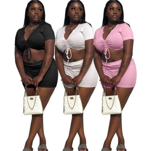 Casual Solid Lace Up Short Tracksuit Women Sporty Streetwear V Neck Bandage Crop Top + Biker Shorts Slim Two Piece Set Matching