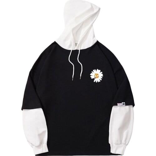 Autumn Spring New Hoodie Casual Harajuku Kawaii Daisy Floral Print Sweatshirt Women Spell Color Spliced Sudaderas Korean Clothes