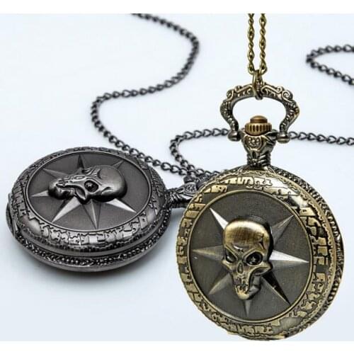 Vintage Bronze Black Skull Ghost Cross Fire Quartz Pocket Watch Necklace Gift for Mens PLK64