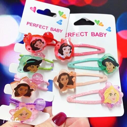 4 pcs Disney princess hair clip bangs clip pair clip children girl tie hair accessories cartoon hairpin rubber band suit