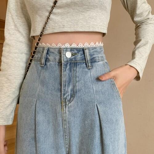 2020 Boyfriend Jeans Women Summer Denim Solid High Waist Loose Casual Straight Korean Streetwear Lady Trouser Baggy Lace Pant