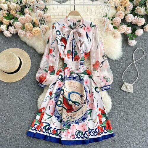 Womens Spring Autumn Runway Fashion Vintage Print A Line Dress Female Long Sleeve Chic Travel Party Dress TB974