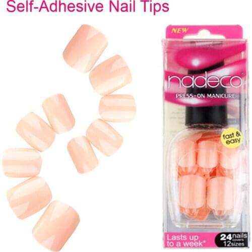 12Sets Full Cover Light Pink Nude Self-Adhesive Fake Nail Polish Tips Pure Color Glued False Nails Peachy French Manicure RCP-28