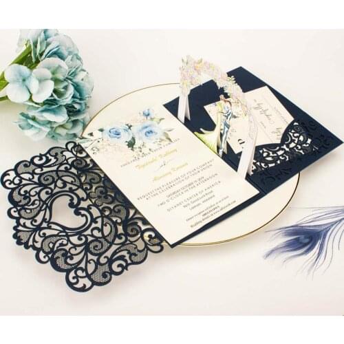 1x 3D Card gold Navy blue gray Burgundy Fold Pocket Wedding Invitation Card Laser cut Invite Greeting card envelope marriage