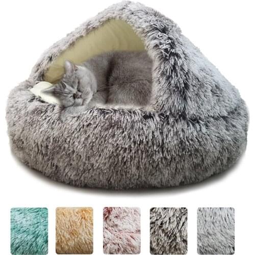 2 In 1 Pet Cat Bed Dog House Round Plush Warm Bed Soft Long Plush Small Dogs Cats Nest Kennel Multi-Purpose Dropshipping