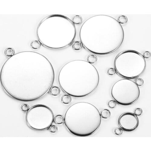 20pcs Stainless Steel Round Double Loop Bezel Cabochon Blanks Bracelet PendantConnector Settings for Jewelry DIY