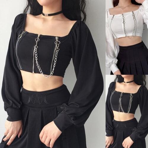 2021 Fashion Retro Shirt Blouse Spring Autumn Long Sleeve Women Tops Pullover Casual Zipper Chain Square Neck Slim Shirts Blusa