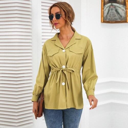 2021 Sping New Casual Shirt Women Lantern Sleeve Turn Down Collar Fashion Single Breasted Top Ladies Bandage Solid Color Shirts