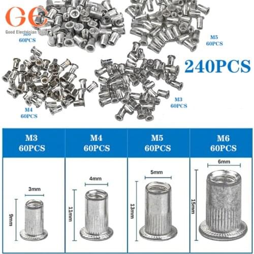 240Pcs Aluminum Alloy M3-M6 Flat Head Metric Threaded Rivetnut Insert Nutsert Rivet Nut Assortment Kit bolts and nuts
