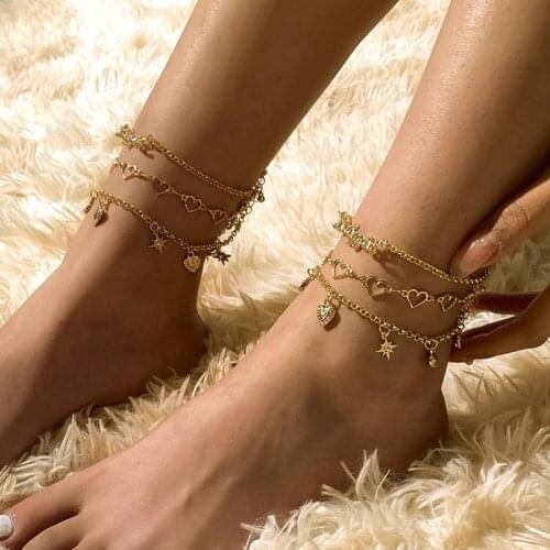 3Pcs/Set Gold Silver Color BABYGIRL Heart Anklet for Women Chain Crystal Ankle Bracelet Set Multilayer Love Heart Jewelry Letter