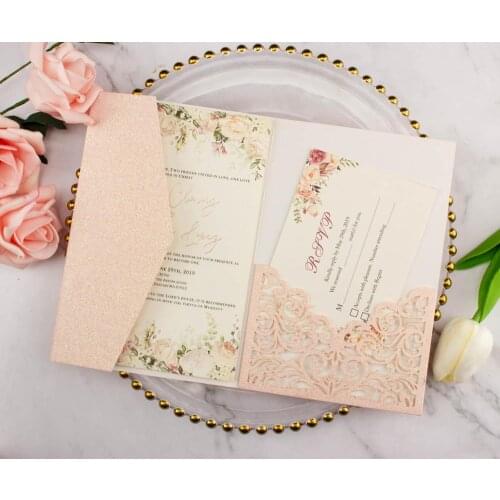 50pcs pocketfold laser cut glitter powder paper Wedding invitation cards trifold pocket card gatefold covers for anniversary