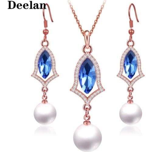 8 Color Jewelry Sets For Women Rose Gold color fashion wedding crystal Simulated-pearls Charm Penant necklace Drop earrings set