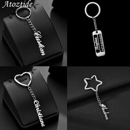 Atoztide Classic Stainless Steel Customized Keychain Name Heart Star Date Fashion Personalized Nameplate for Women Jewelry Gift