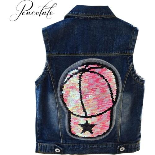 5-8Years Children Kids Little Girls Denim Vest Spring Autumn Flip Sequins Vest Coat
