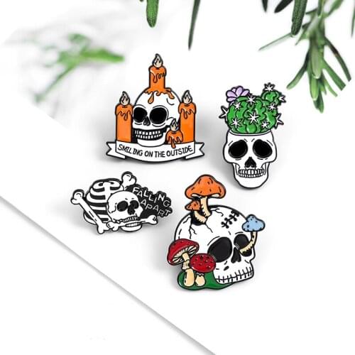 Punk Falling apart Skull Skeleton Enamel Pin Custom Cactus Mushroom Candles Brooches Bag Lapel Badge Jewelry for Friends Broche