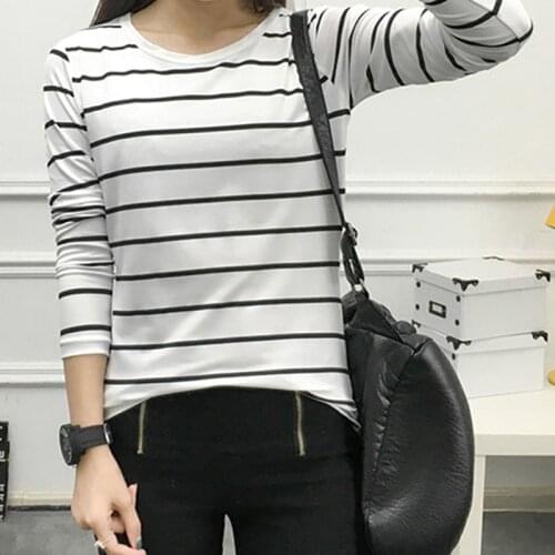 Womens T Shirts Long Sleeve 2021 Cotton Blend Autumn O-Neck Striped Female T-Shirt Women White Black Casual Basic Classic Tops