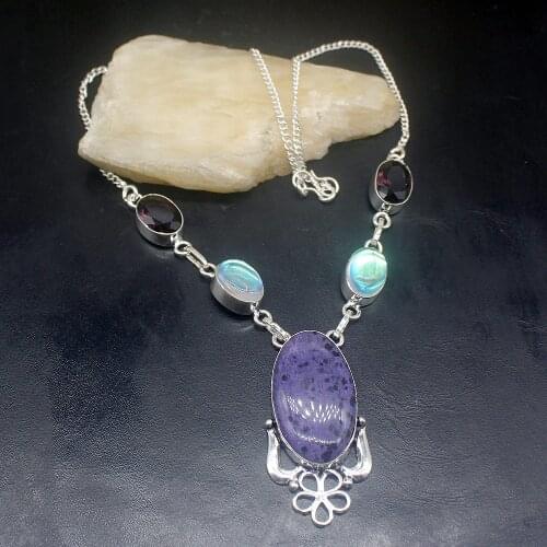 Gemstonefactory Jewelry Big Promotion Unique 925 Silver Dalmatian Jasper Topaz Amethyst Women Chain Necklace 44cm 202101530