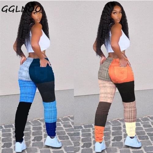 GGLNOO Women Plaid Patchwork Pants Leggings High Waist Pencil Trousers Draped Jogger Sweatpants GG22852