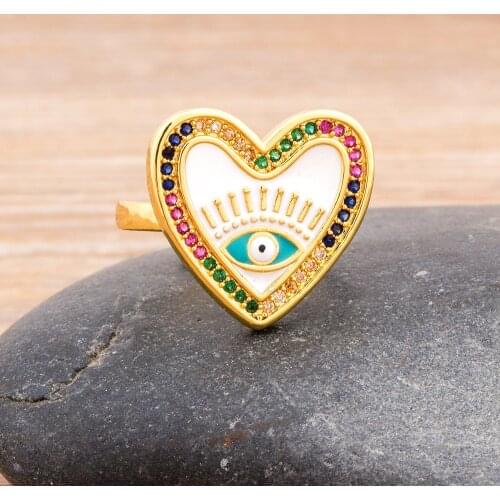 New Trendy Heart Shape Evil Eye Rings 3 Colors Choice Adjustable Ring Copper CZ Jewelry Party Wedding New Year Gift For Women