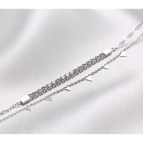 2 Pieces Set Layered Chain Link Bracelet for Women Stacking Cubic Zirconia Stone Shinny Bracelet Minimalist Jewelry