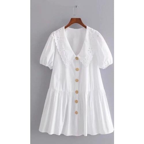 Lace White Women Dress Summer New 2021 Turn-Down Collar Puff Sleeved Loose Elegant Female Clothing Top Quality