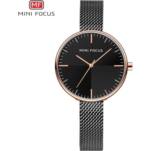 MINIFOCUS Watches Women Top Brand Luxury Black Steel Mesh Quartz Simple Fashion Business Watch For Women Clock Relogio Feminino