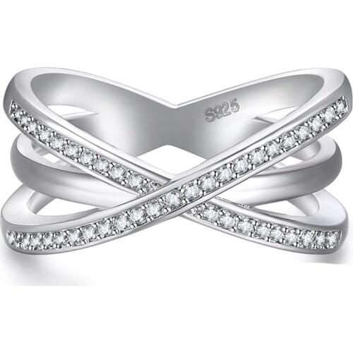 Fashion Solid 925 sterling silver filled Ring for Women Cross X Shape Exquisite Party Cocktail Ring Zirconia Micro Paved Jewelry
